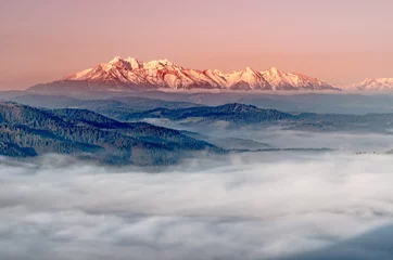 Foto op Canvas panorama over misty Spisz highland to snowy Tatra mountains in the morning, Poland and Slovakia landscape © tomeyk