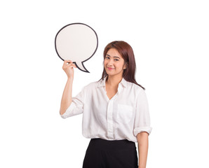 Beautiful asian woman with speak bubble on white background