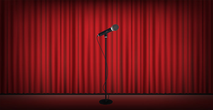 microphone stand on stage red curtain background