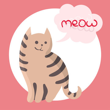 Vector color illustration of the hand drawn sketch of cat with text meow in cloud form speech bubble.Cartoon cat character. Vector illustration
