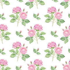 Hand drawn watercolor roses seamless background, floral botanical repeating pattern on colorful backdrop.