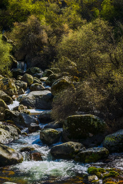 Small waterfalls in the glacial valley of the Zezere river in the Serra da Estrela mountains. County of Guarda. Portugal