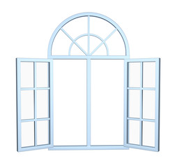 Wide open modern arch window. 3D image isolated on white background