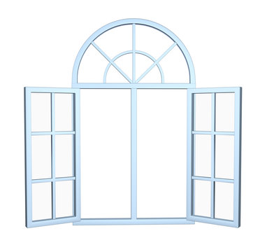Wide open modern arch window. 3D image isolated on white background