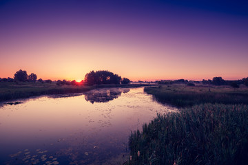 Magical pink purple sunrise over the river. Misty morning, rural landscape, wilderness, mystical feeling