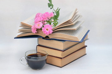 Beautiful pink flowers are in the open book on a stack of books.