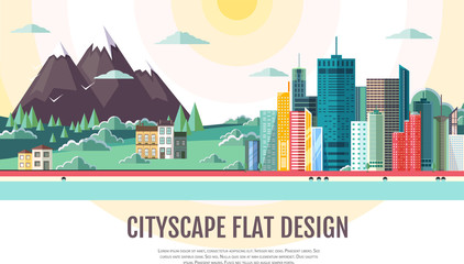 Flat style modern design of urban city landscape and mountains