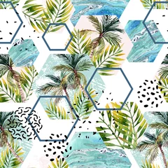 Tuinposter Marmeren hexagons Aquarel tropische bladeren en palmbomen in geometrische vormen naadloos patroon