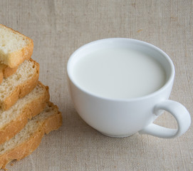 A cup of milk and pieces of white bread.