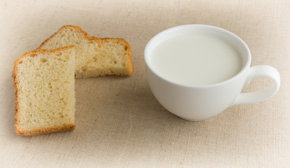 A cup of milk and pieces of white bread.