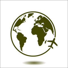 Airplane icon travel. Trip round the world. Flat design style.