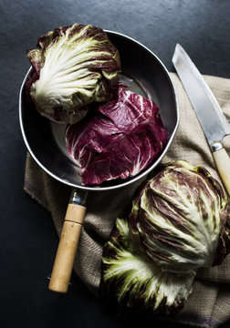 Aerial view of red cabbage in pot prepare to cook