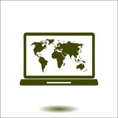 Laptop and world map illustration. World map geography symbol.  Flat design style. 