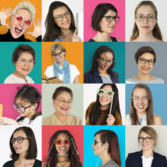 People Set of Diversity Women Wearing Eyeglasses Studio Collage