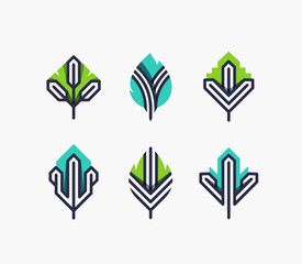 Graphical leaf symbols' set, color and line geometrical design elements, ecological icons, logo.