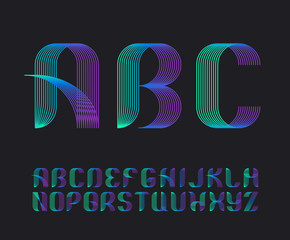 Color vibrant gradient line geometrical latin font, bright graphical decorative colorful type.