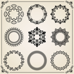 Vintage set of elements. Different round elements for decoration and design frames, cards, menus, backgrounds and monograms. Classic patterns. Set of black vintage patterns