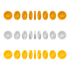 Set of game icons of silver, gold and bronze coins with crown isolated on white background. Coin rotation steps vector illustration. Game asset elements collection.