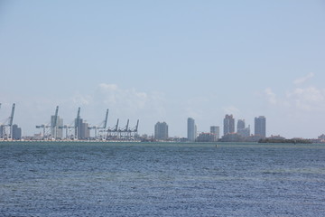 Skyline of Miami and Dodge Terminal of Miami / Rickenbacker Causeway, Florida, USA