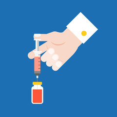 hand of doctor drawing up medication from a vial in to syringe, flat design vector