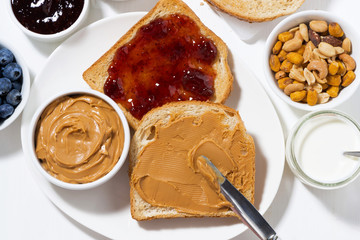 toast with peanut butter and jam for breakfast, top view