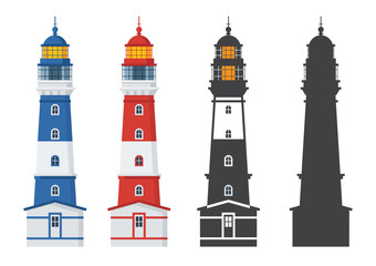 Blue and red striped lighthouse icon in different styles. Sea guiding light houses in flat and outline design. Searchlight or beacon cartoon illustration and silhouette.