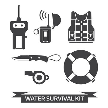 Water survival kit. Safety gear essentials in outline design. Life vest, EPIRB, portable finder, lifebuoy, whistle and knife isolated on white background. Emergency protection staff vector icons.