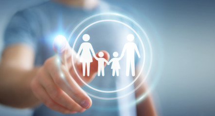 Businessman touching family interface with his finger 3D rendering