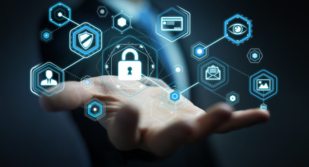 Businessman using antivirus to block a cyber attack 3D rendering