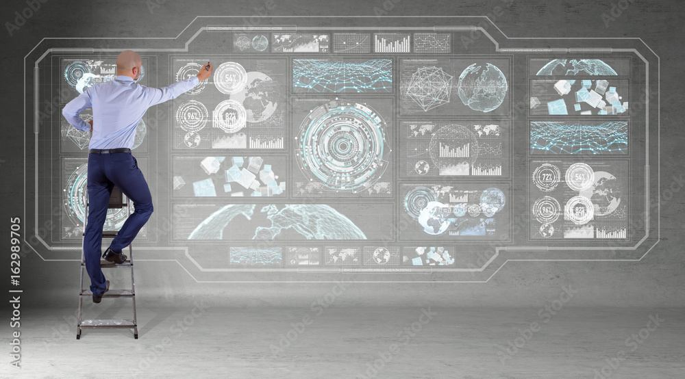 Poster Businessman using graph screens interface on a wall 3D rendering