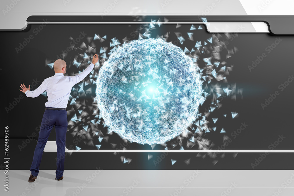 Poster businessman using digital planet earth interface on a board 3d rendering