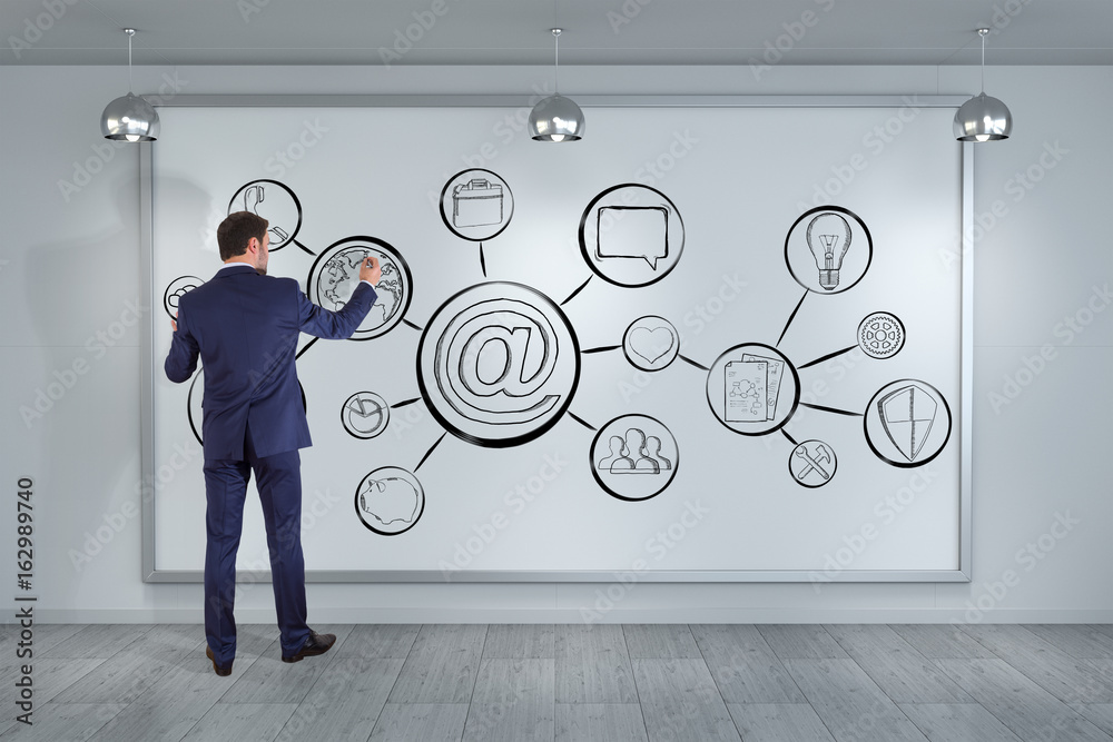 Aufkleber businessman drawing multimedia interface sketch on a board 3d rendering