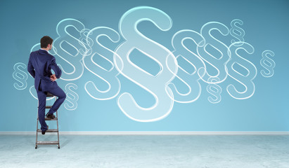 Businessman watching law paragraph symbol on a wall 3D rendering