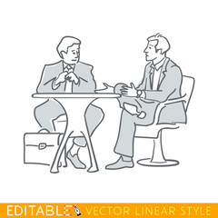Two businessmen sitting at a table talking. Editable line sketch. Stock vector illustration.