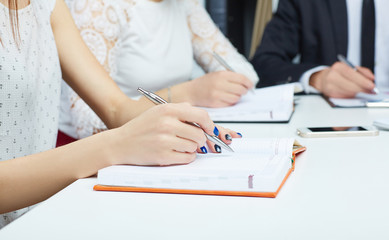 Woman's hand making notes at a business meeting with colleague on the background. Business job offer, financial success, certified public accountant concept.
