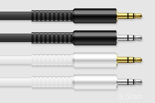 Set of Gold and Silver Stereo Mini Jack Plug with Flat White and Black Cords. 3.5mm Connector