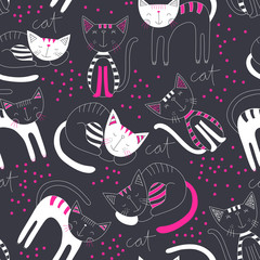 Cute cats colorful seamless pattern background. Kid wallpaper design. Hand drawn fashion backdrop. Cute and fun animal design