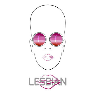 Stylized face with glasses using original colors for gay parade. Text Lesbian.  Unconventional sexual orientation. Vector design