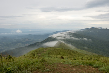 Fototapeta premium White fog is on a green mountain. In the early morning of the rainy season