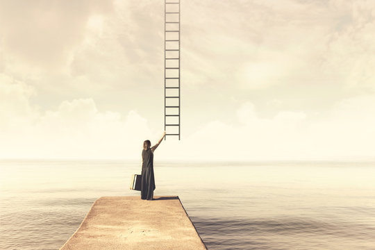   Woman takes up imaginary ladder from the sky to a disenchanted destination