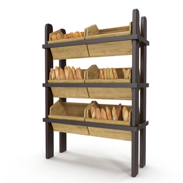 Wooden Bakery Display Shelves on white. 3D illustration, clipping path