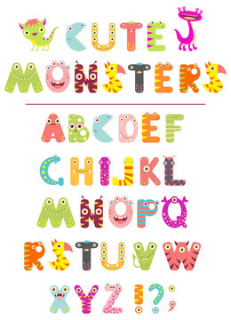 Vector alphabet with letters in the form of cute cartoon monsters