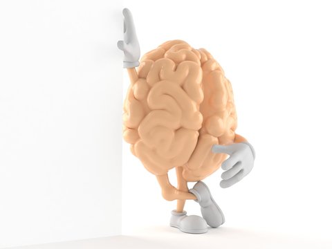 Brain character leaning against a wall
