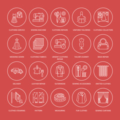 Clothing repair, alterations flat line icons set. Tailor store services - dressmaking, clothes steaming, curtains sewing. Linear signs set, logos for atelier.