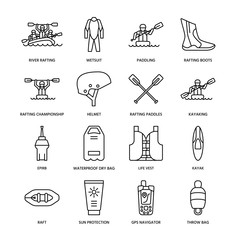Rafting, kayaking flat line icons. Vector illustration of water sport equipment - river raft, kayak, canoe, paddles, life vest. Linear signs set, summer recreation pictograms for paddling gear store.