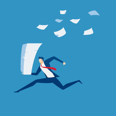 Businessman running with stack of paperwork in hand. Time pressure, stress, overworked and deadline concept