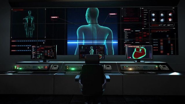 Human medical care center, main control room, Zooming Female body and scanning human muscle, blood system in digital display, Blue X-ray light.