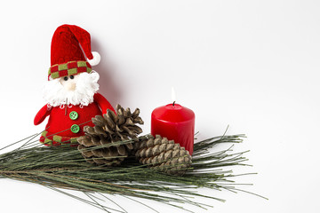 Christmas ornaments. Balls. Toys. Santa claus; Candles; Gifts;