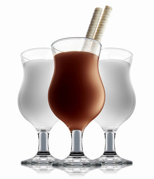 Cocktail set on a white with chocolate and milk