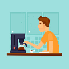 Guy makes coffee in the morning. Flat design vector illustration.